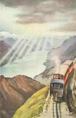 AK / Ansichtskarte Brienzersee Brienz BE Panorama mit Brienz Rothorn-Bahn Hotel Rothorn-Kulm Kuenstlerkarte