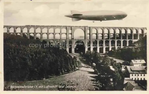 AK / Ansichtskarte Goeltzschtalbruecke Gruenbach Vogtland Sachsen mit Luftschiff Graf Zeppelin