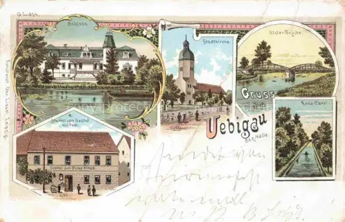 AK / Ansichtskarte Uebigau-Wahrenbrueck Elster (ex-Bezirk-Halle) Brandenburg Schloss Stadtkirche Elsterbruecke Gasthof zum Roten Hirsch Anna Canal