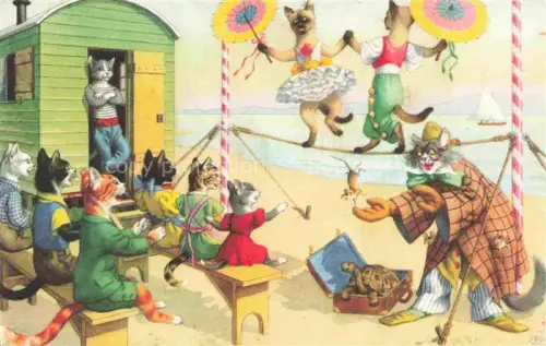 AK / Ansichtskarte Vermenschlicht Humanises-- Zirkus Katzen Schildkroete Maus 