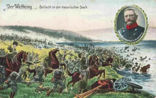 AK / Ansichtskarte Masuren Ostpreussen PL Der Weltkrieg Schlacht an den masurischen Seen Kuenstlerkarte Portrait General-Feldmarschall von Hindenburg