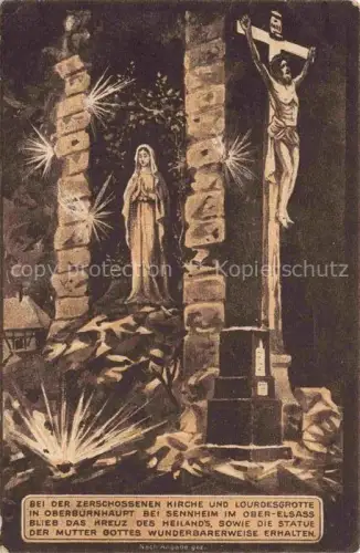 AK / Ansichtskarte Oberburnhaupt Burnhaupt-le-Haut 68 Haut-Rhin Zerschossene Kirche Kreuz des Heilands Statue der Mutter Gottes Kuenstlerkarte