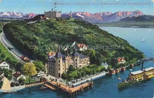 AK / Ansichtskarte Starnbergersee Starnberg Bayern Drahtseilbahn Leoni-Rottmannshoehe mit Gebirgspanorama aus der Vogelperspektive Kuenstlerkarte