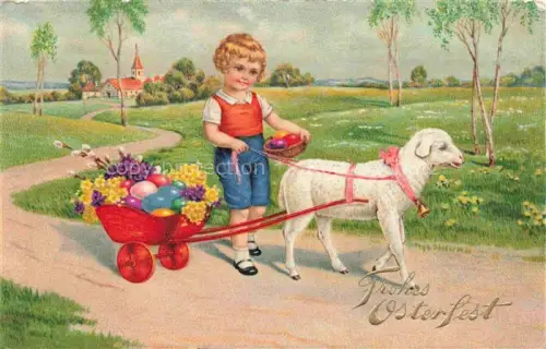 AK / Ansichtskarte Ostern Easter Paques Pasqua-- Kind Lamm Blumenwagen 