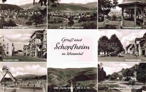 AK / Ansichtskarte Schopfheim BW Panorama Hauptstrasse Schwimbad Hebelhaeuschen Die Hohe Moehr Krankenhaus mit Anlagen