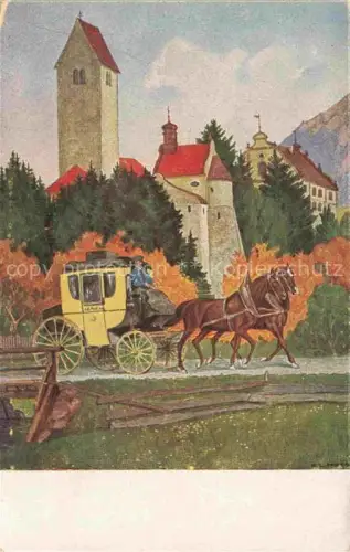 AK / Ansichtskarte Rauhenzell Immenstadt Allgaeu Bayern Ansicht mit Kirche Postkutsche Jugendpostkarte Nr. 59 Serie Rauenzell im Allgaeu Hoess Kuenstlerkarte