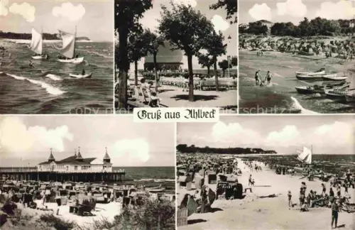 AK / Ansichtskarte AHLBECK HERINGSDORF Insel Usedom Ostseebad Boote Brueckenrestaurant Strand Musikpavillon 