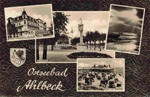AK / Ansichtskarte AHLBECK HERINGSDORF Insel Usedom Ostseebad FDGB Erholungsheim Bernhard Goering Konzertplatz Morgendaemmerung Strand Seebruecke