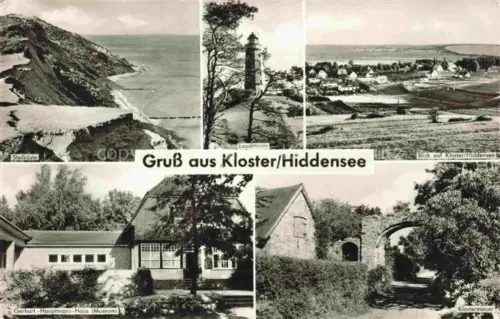 AK / Ansichtskarte Hiddensee Insel Hiddensee Steilkueste Kloster Hiddensee Leuchtturm Gerhart Hauptmann Haus Klostermauer