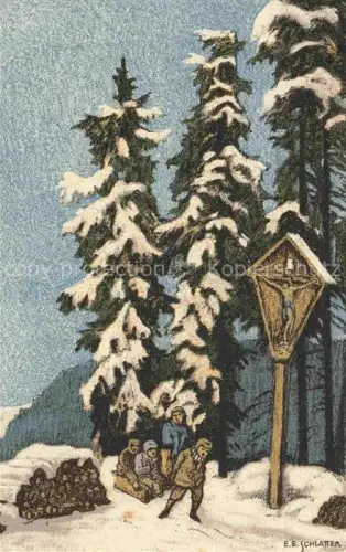 AK / Ansichtskarte Schlatter E.E. Kuenstlerlitho Schweiz Nadelbaum Schnee Schlitten   