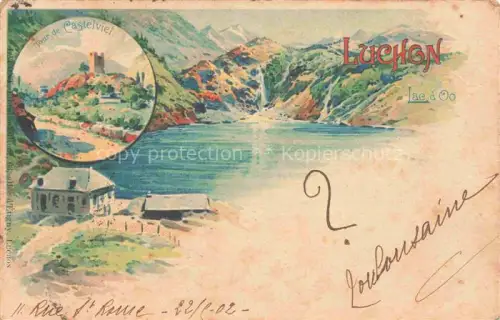 AK / Ansichtskarte LUCHON Bagneres-de-Luchon 31 Haute-Garonne Vue générale Lac d'O Tour de Castelviel Peinture Kuenstlerkarte