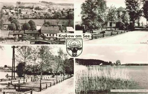 AK / Ansichtskarte Krakow See Mecklenburg-Vorpommern Stadtblick vom Maeckelberg Seepromenade Joernberg mit Badeanstalt und Lehmwerder