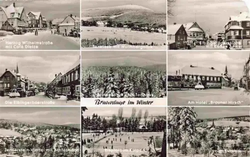 AK / Ansichtskarte Braunlage Harz Herzog Wilhelmstrasse Seewiese mit Wurmberg Elbingeroederstrasse Cafe Junker Brockenblick Hotel Brauner Hirsch Jennerstein Eisplatz Im Kurpark