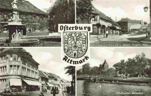 AK / Ansichtskarte Osterburg Altmark Am Rathaus Marx Engels Platz Strasse des Friedens Staedt Biesebad