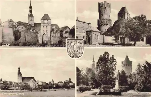AK / Ansichtskarte Tangermuende Stendal Sachsen-Anhalt Rossfurt Blick von der Elbseite Neustaedter Tor Parkanlagen mit Gefaengnisturm