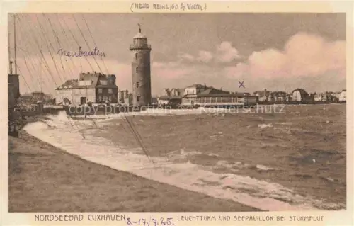 AK / Ansichtskarte CUXHAVEN Nordseebad Leuchtturm und Seepavillon bei Sturmflut