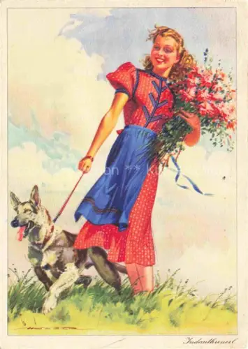 AK / Ansichtskarte Shepard Schaeferhund Deutscher German allemand-- Frau Blumen