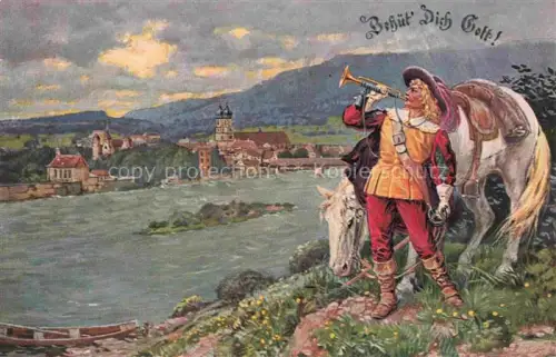 AK / Ansichtskarte Saeckingen Bad Baden BW Panorama Blick ueber den Rhein Hornblaeser mit Pferd Kuenstlerkarte