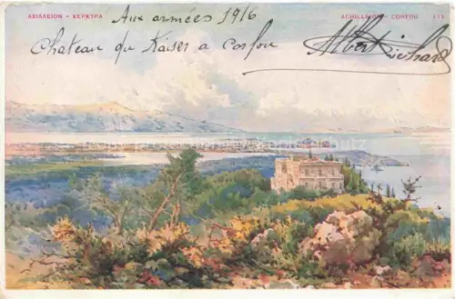AK / Ansichtskarte CORFOU Korfu Corfu Greece Panorama Achilleion Peinture Kuenstlerkarte
