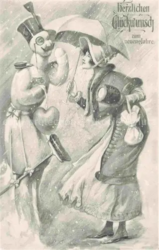 AK / Ansichtskarte Neujahr Annee New Year Schneemann Frau Regenschirm 