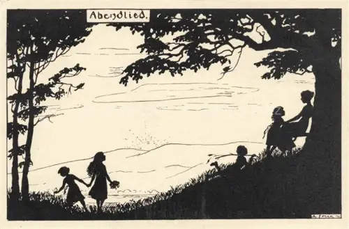 AK / Ansichtskarte Scherenschnitt-AK SCHATTENBILDKARTE Shadowbolt Abendbild Kinder 
