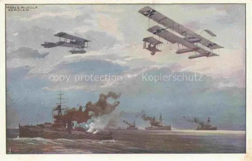AK / Ansichtskarte SCHULZE Hans-Rudolf Berlin Militaria Kuenstlerkarte Schiffe Doppeldecker Flugzeug
