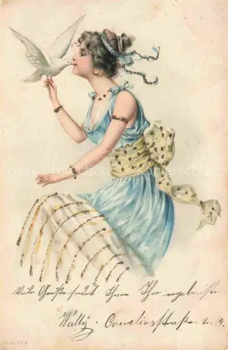 AK / Ansichtskarte Tauben Pigeons Palomas-- Frau Kuss Litho