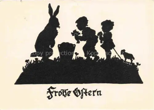 AK / Ansichtskarte SCHATTENBILDKARTE Shadowbolt Scherenschnitt-AK Frohe Ostern Kinder Hase