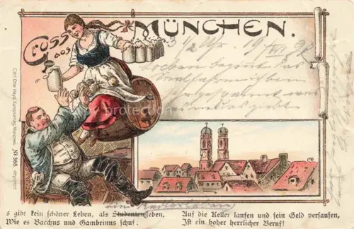 AK / Ansichtskarte MueNCHEN Ansicht mit Frauenkirche im Bierkeller Bierkruege Fass Kuenstlerkarte