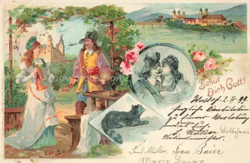 AK / Ansichtskarte Saeckingen Bad Baden BW Panorama Rhein Behuet Dich Gott Ehepaare Katze Kuenstlerkarte