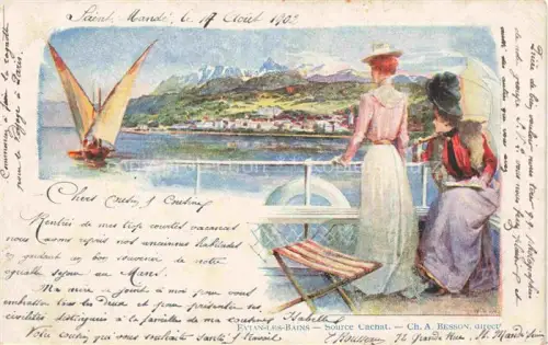 AK / Ansichtskarte Evian-les-Bains 74 Haute-Savoie Junge Damen Blick vom Schiff auf den See Alpen Kuenstlerkarte