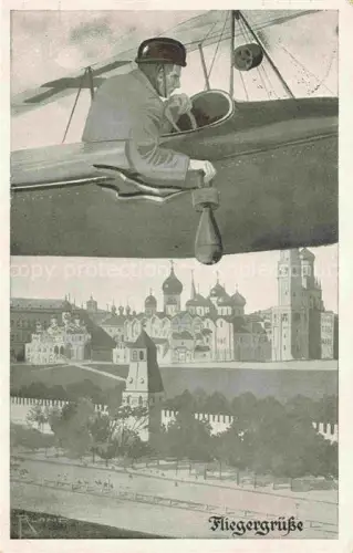 AK / Ansichtskarte Moskau Moscou MOSCOW RU Mit Motorflugzeug ueber der Stadt Fliegergruesse Deutscher Luftflottenverein Kuenstlerkarte