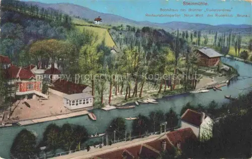 AK / Ansichtskarte Steinmuehle BRNO Bruenn CZ Panorama Bootshaus des Bruenner Rudervereines Restaurant Neue Welt des Ruderklubs Bruna