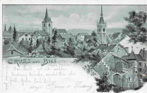 AK / Ansichtskarte Biel Bienne BE Stadtbild mit Kirchen Kuenstlerkarte