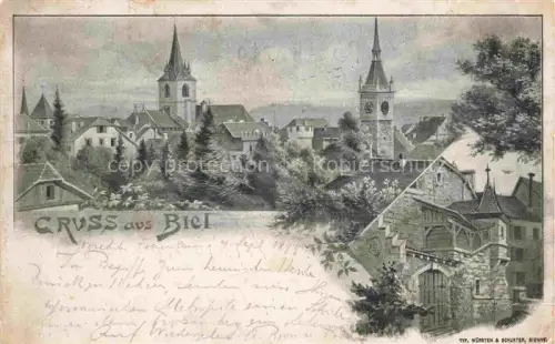 AK / Ansichtskarte Biel Bienne BE Stadtbild mit Kirchen Kuenstlerkarte