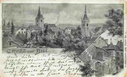 AK / Ansichtskarte Biel Bienne BE Stadtbild mit Kirchen Kuenstlerkarte