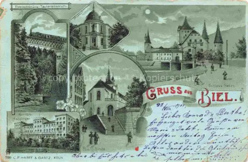 AK / Ansichtskarte Biel Bienne BE Eisenbahnbruecke Taubenlochschlucht Museum Kirche Schloss Neden Kurhotel Magglingen Litho