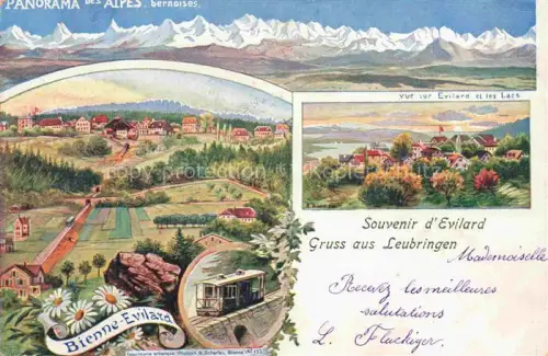 AK / Ansichtskarte Leubringen Biel Bienne BE Panorama des Alpes Bernoises vue sur Evilard et les lacs vue générale Kuenstlerkarte