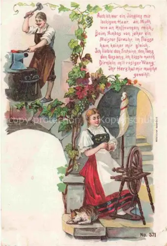 AK / Ansichtskarte SCHMID Matth. Kuenstlerkarte Spinnrad Trachten Katze Litho