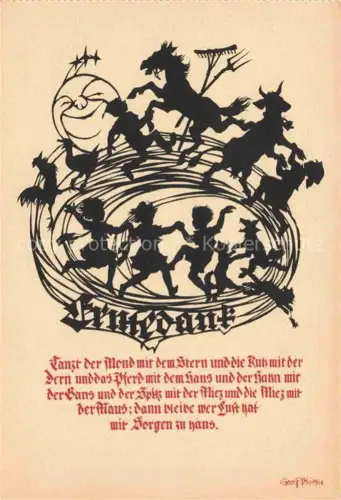 AK / Ansichtskarte PLISCHKE Georg Kuenstlerkarte Schattenbild Kinder Pferde Hunde Mond Katze Ente 