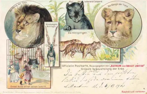 AK / Ansichtskarte Zoo Gardin Zoologique-- Barnum Bailey Limited Hirschziege Loewe Leopard Tiger Litho 