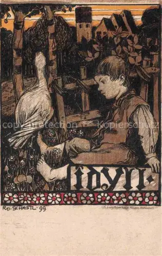 AK / Ansichtskarte SCHIESTL Rudolf Kuenstlerkarte Idyll Kind Gans 