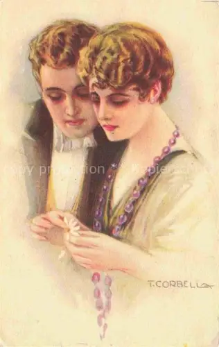 AK / Ansichtskarte Corbell T. Kuenstlerkarte Kette Paar mit Blume Litho