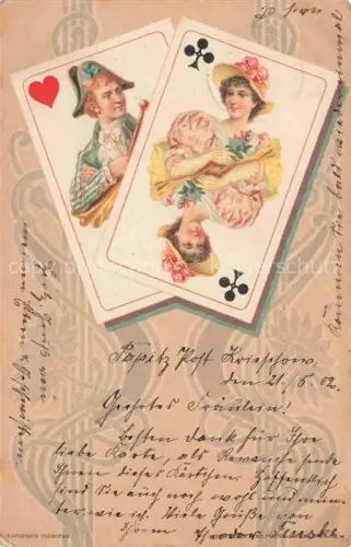 AK / Ansichtskarte Kartenspiel-Postkarte Jeu de Cartes CPA-- Dame Bube Litho