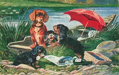 AK / Ansichtskarte Dackel Dachshund Teckel Hunde dogs Chiens Cani Boot Picknick 