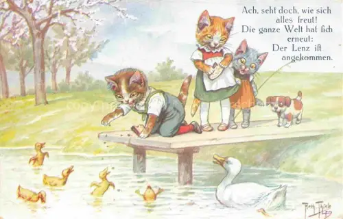 AK / Ansichtskarte THIELE Arthur Kuenstlerkarte Katzen Ente Teich Hund