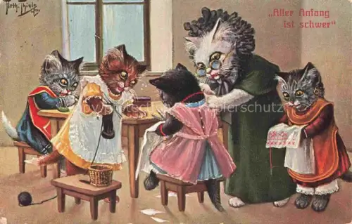 AK / Ansichtskarte THIELE Arthur Kuenstlerkarte Vermenschlicht Katzen Schule Alle Anfang ist schwer