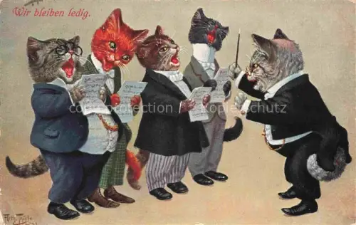 AK / Ansichtskarte THIELE Arthur Kuenstlerkarte Vermenschlicht Katzen Schule Musik Wir bleiben ledig