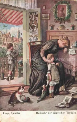 AK / Ansichtskarte SPINDLER C. Kuenstlerkarte Rueckkehr der siegreichen Truppen Katze Kinder Litho 