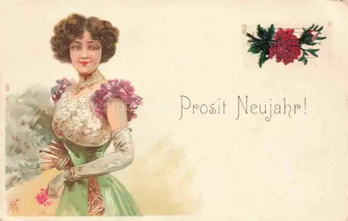 AK / Ansichtskarte Neujahr Annee New Year Frau Rose Litho